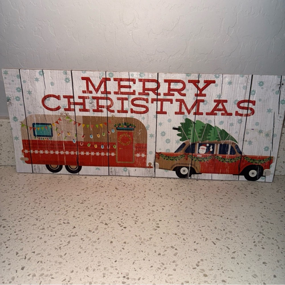 Merry Christmas Decorative Wall Plaque Hanging Sign Featuring Santa & His Camper